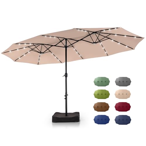 GREEN PARTY 15 ft Rectangle Patio Umbrella with Solar Lights and Base Included, Double-Sided Market Table Umbrella with Crank, Large Outdoor Umbrellas for Patio Poolside Garden Backyard, Beige