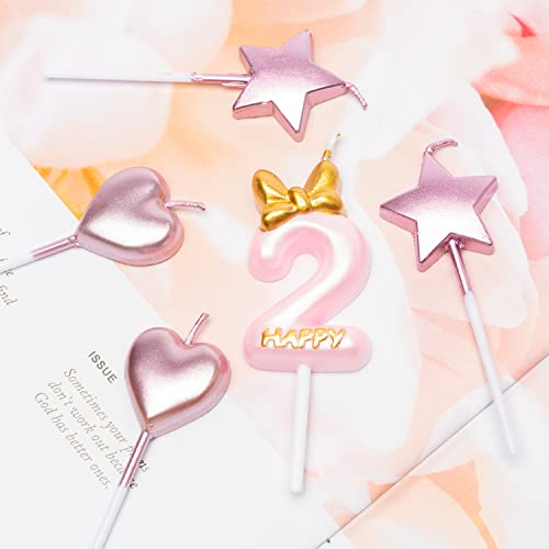 Feelwarm 11Pcs Pink Birthday Candles For Girls Number 2 Happy Birthday Candle Cake Topper With Metallic Rose Gold Star Heart Shaped Cupcake Candles For 2Nd Birthday Anniversary Baking Decor Supplies #TOP3
