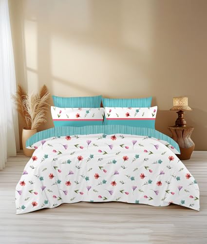 Image of LANE LINEN 400TC Morrison Bloom Super King Size Bedsheet with 4 Pillow Cases | 100% Cotton Digital Print Bedding Set (2.74 M x 2.74 M) | Modern Floral Pattern for Luxurious Comfort (White Floral)