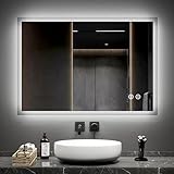 EMKE 1000 X 700 mm Backlit Illuminated Bluetooth Speaker Bathroom Mirror with Shaver Socket, Wall Mounted Bathroom Vanity Mirror with LED Lights and Demister Pad, Energy-Saving LED Smart Mirrors