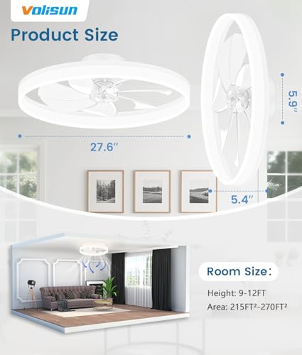 Image of VOLISUN Low Profile Ceiling Fans with Lights and Remote, 27.6in Fandelier Ceiling Fan Flush Mount, 3000K-6500K Smart Bladeless LED Fan Light, White Modern Ceiling Fans with Lights for Bedroom