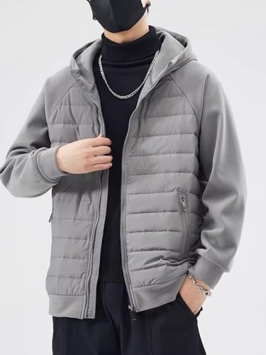 Image of Mens Puffer Jacket with Hood Packable Lightweight Quilted Jacket Full Zip Casual Splicing Winter Coats
