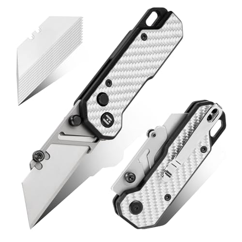 Carbon Fibe utility knife, Folding Pocket knife 2.36" (Included extra 10pcs Quick Change Blade) for EDC (everyday carry) Silvery White-g10 Carbon Fiber