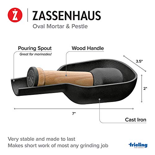 Zassenhaus Oval Cast Iron Mortar & Pestle With Pouring Spout, 7", Black #TOP1