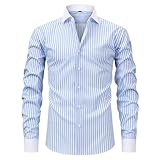 IRIRI Camisa de Vestir a Rayas Azul Claro y Blanco for Hombre, Camisa de Manga Larga con Botones y Cuello y puños en Contraste, Camisa de Negocios Formal Ajustada(Light Blue+White,M)