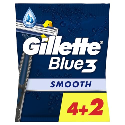 Gillette Blue3 Smooth Maquinillas Desechables Para Hombre, Tres Hojas De Afeitar Con Cabezal Pivotante 40 grados Y Banda Lubricante, 6 unidades
