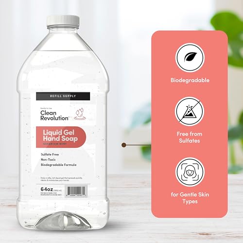 Image of Clean Revolution Liquid Gel Hand Soap Refill with Real Essential Oils - Sulfate-Free Gel Hand Wash, Moisturizing Bulk Refill, Non-Toxic Formula, Made in the USA (Geranium Mint) 64 Fl Oz