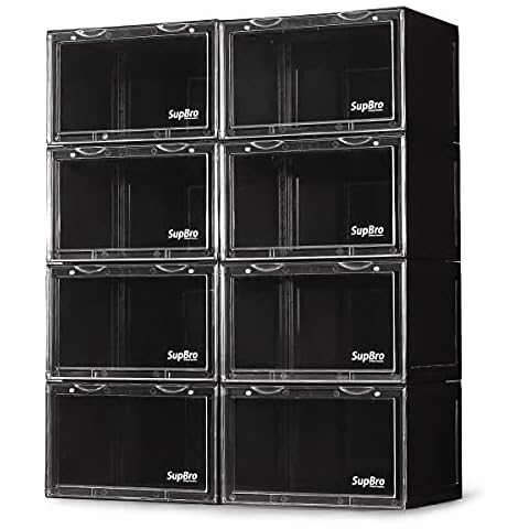 SupBro Collection Crate - Easy Access Storage Shoes Box -Plastic Foldable Stackable Sneaker Display Storage with Clear Side Open Door Organizer-8 Pack(Black) Cover