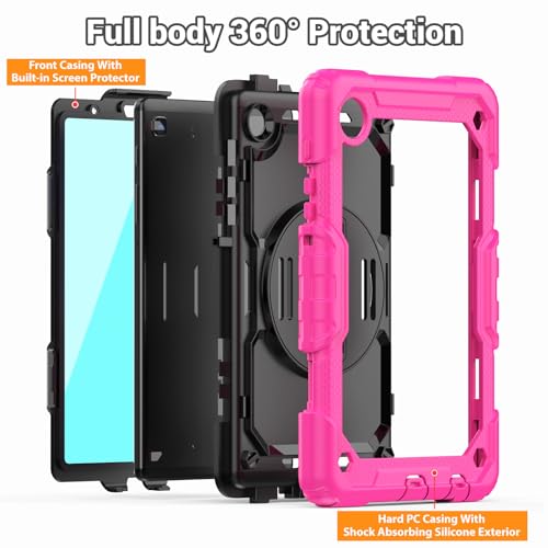 SEYMAC Case for Samsung Galaxy Tab A7 Lite 8.7" (SM-T220/ T225/ T227), Heavy Duty Full-Body Shockproof Protective Case with Screen Protector, Rotating Stand, Hand/Shoulder Strap, Pink