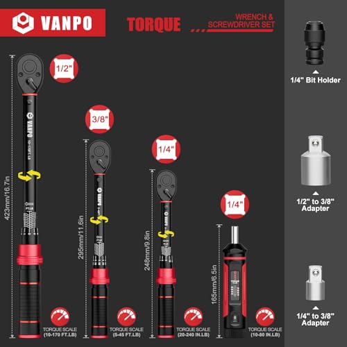 Image of VANPO Torque Wrench Set, 1 /4 inch 3 /8 inch 1 /2 inch Drive, for Bike, Motorcycle, Car | 20-240 In.lb, 5-45 Ft.lb, 10-170 Ft.lb with 3 Adapters,±3% Accuracy, Click Torque Wrenches, 72-Tooth,Dual Scale,Storage Case
