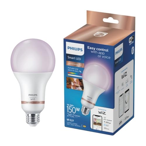 Philips Wiz Smart - Lampadina LED RGBW, con attacco E27, ultra luminosa, 2452 lumen, dimmerabile, colore bianco, 2700-6500 K, app e controllo vocale con Homekit, Alexa e Google