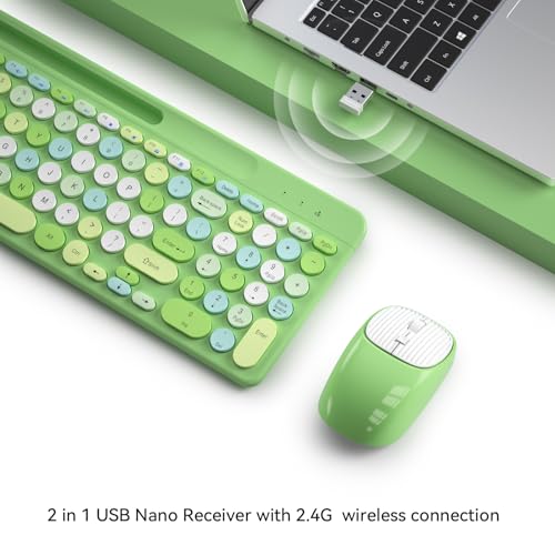 Image of Retro Wireless Keyboard and Mouse Combo, Full-Size USB Keyboard with Round Keycaps, 2.4GHz Wireless for Desktop, Laptop and Computer (Green-Colorful)