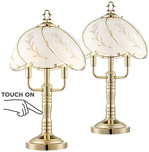 Regency Hill Flower Accent Table Lamps 19 1/2" High Set Of 2 Touch On Off Polished Brass Printed Glass Shade For Living Room Bedroom House Bedside Nightstand Home Office #TOP1
