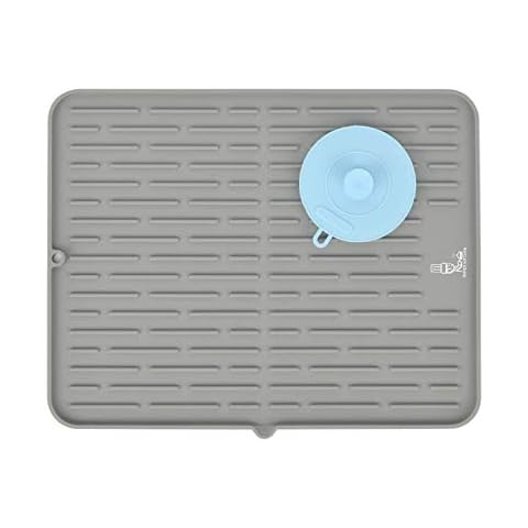 SUPER KITCHEN Large Silicone Dish Drying Mat Draining Board Mat Drainer Mat with a Multifunctional Silicone Sponge Scrubber, Heat Resistant Trivet Countertop Protector(42×33cm, Grey) Cover