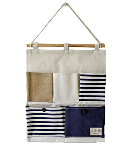 Doitsa Bolsa de Almacenamiento Puerta suspendida Multifuncional Cesta Bolsa de almacenaje Bolsa Organizador Pared Bolsas en Pared Multicapa Tela Lino y algodón diseño de Rayas Size 35 * 45 cm Cover