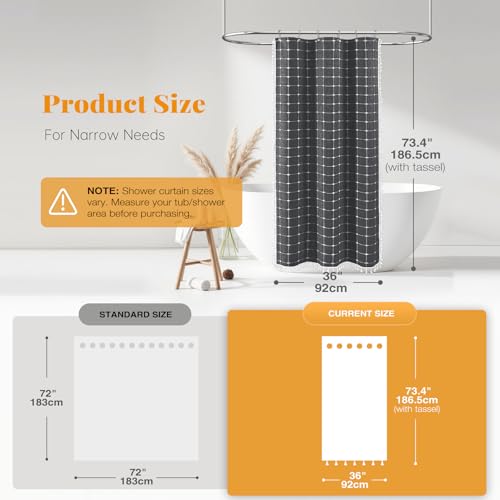 Image of BTTN Boho Shower Stall Curtain - 36x72 Narrow Linen Ultra Thick Tassel Fabric Shower Curtain Set with 6 Plastic Hook, Half Camper RV Modern Farmhouse Country Shower Curtain for Bathroom, Charcoal Grey