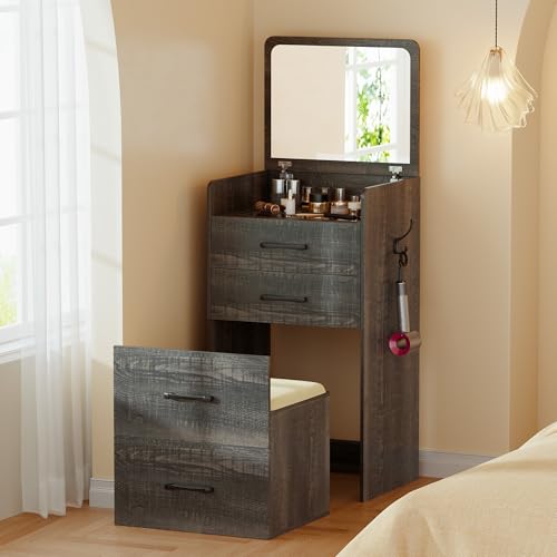 Gurexl 3 in 1 Vanity Desk with Flip Top Mirror,Small Make Up Vanity Set with Visible Glass Desktop,Compact Makeup Vanity with 3 Drawers,Cushioned Stool,Dressing Table for Bedroom,Dark Oak
