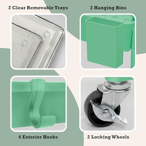 Inspired Living 3-Tier Plastic Rolling Utility Cart with Handle, Lockable Caster Wheels 2 Bins 3 Hanging Baskets & 4 Hooks, Multi-Functional Storage Trolley, for Kitchen, Living Room, Bathroom, Green - Thumbnail 4