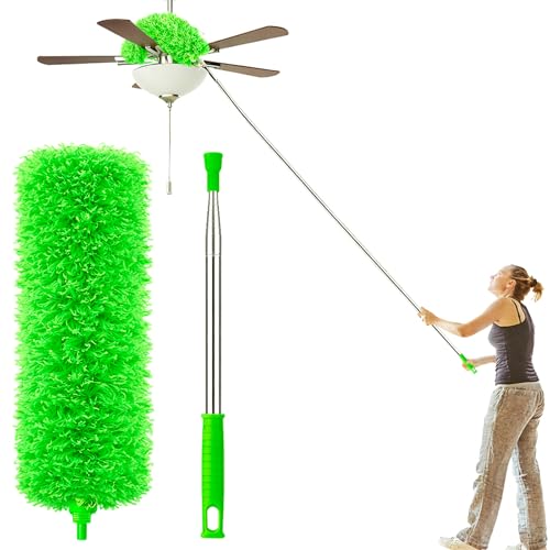 Image of AZUN Microfiber Duster for Ceiling Fans, 30-100 in Telescoping Pole, Green | Microfiber traps dust. Long duster for high ceilings. Cleans ceiling fans, blinds and cobwebs. Washable and reusable.