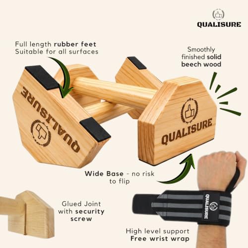 Image of Pushup Board for Men, Durable Pine Wood Calisthenics Equipment, Anti-Skid Push Up Bar for Home, Parallettes for Calisthenics, Dips Bar with Wrist Wraps