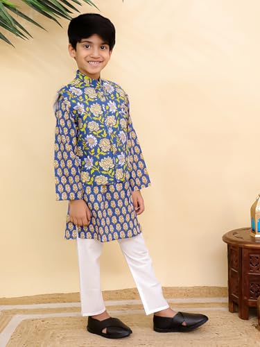 Image of The Mom Store Boys Printed Cotton Kurta Pajama Set With Jacket | Soft And Comfortable Ethnic Wear For Baby /Kids Boys | Full Sleeves Kurta Pyjama Set | Traditional Indian Outfit