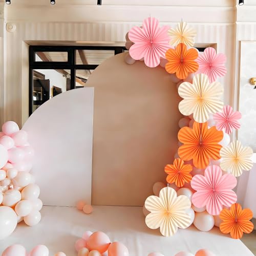 Image of Paper Flowers Decorations for Wall Pink and Orange Paper Fans Classroom Decoration Paper Floral Backdrop Decor Paper Fans Decoration Hanging Paper Fans Pink Flower Wall Decor, Set of 9