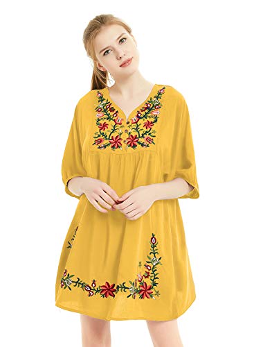 image for Futurino Women's Bohemian Embroidery Floral Tunic Shift Blouse Flowy M