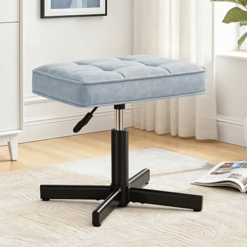Image of LUE BONA Adjustable Vanity Stool, 15''-19.5'' Foot Rest Under Desk, 360 Swivel Vanity Chair for Makeup Room, Blue Upholstered Faux Leather Ottoman for Bathroom & Living Room, 300lbs