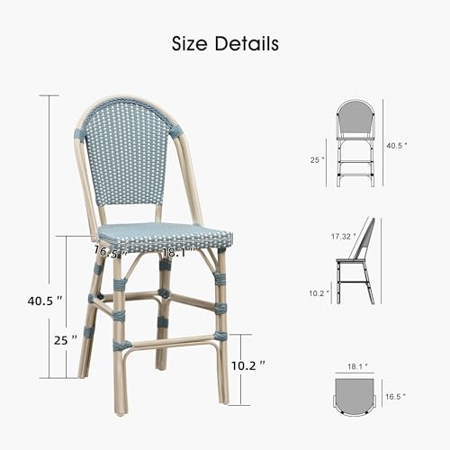 Image of PURPLE LEAF French Counter Height Bar Stool Set of 2 25 inch White Print Finish Patio Bar Chairs with Back Rattan Bar Chairs French Bistro Set for Kitchen Outdoor Counter Stool Light Blue