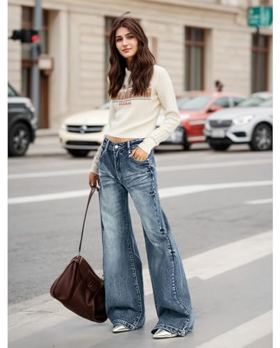 Women's Low Rise Wide Leg Flare Jeans Baggy Vintage 90s Bell Bottom Jeans Casual Loose Fit Boyfriend Denim Pants3