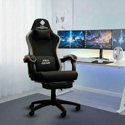 Image of Casa Copenhagen Designed in Denmark,High-Back Italian Leather Gaming Ergonomic Chair & Electric Back Massager, Memory Foam Seating & Multi Function Arm-Rest - Black and Light Grey
