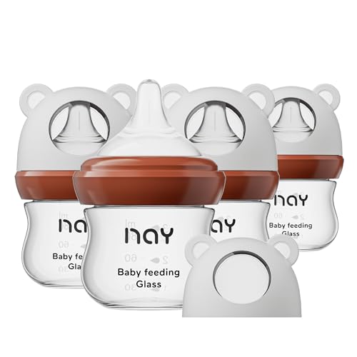 Image of yanyoyo Natural Glass Baby Bottle for Breastfeeding Babies, 3oz Newborn Anti-Colic Baby Bottle with Slow Flow Nipples (SS), Clear, Wide Neck, 4 Pack, 0 Months+