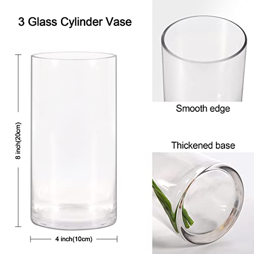 Set Of 3 Glass Cylinder Vases,8 Inch Tall Clear Flower Vase,Decorative Floral Vase For Home Decor,Candle Holder,Wedding Centerpieces(4" W X 8" H) #TOP1