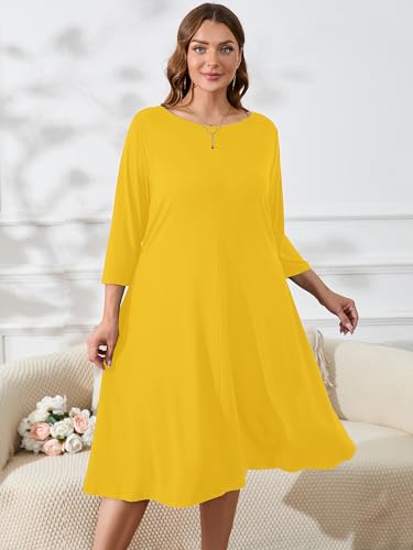 Image of AusLook Women's Plus Midi Dresses Crew Neck A Line 3 /4 Sleeves Casual Elegant Loose Wedding Vacation Dress with Pockets