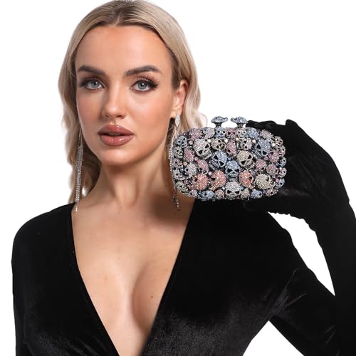 Image of Boutique De FGG Skull Crystal Clutch Purse for Women Formal Rhinestone Clutch Evening Bag Halloween Minaudiere Handbag,Mini