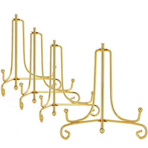 Iron Plate Stand Holder Easel for Plates & Photos, 4 Inch, Gold, 4 Pack