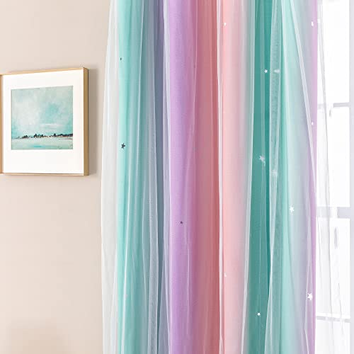 Image of XiDi Curtains for Bedroom Decor, Rainbow PinkPuGreen-62-84