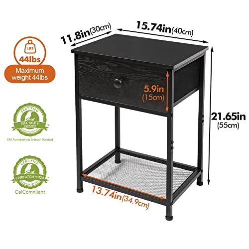 Amhancible Black Nightstands Set Of 2, Small End Tables Living Room With Drawer, Industrial Slim Side Tables With Storage Shelf, Night Stands For Bedroom, Wood Metal Accent Furniture Het03Sdbk #TOP2