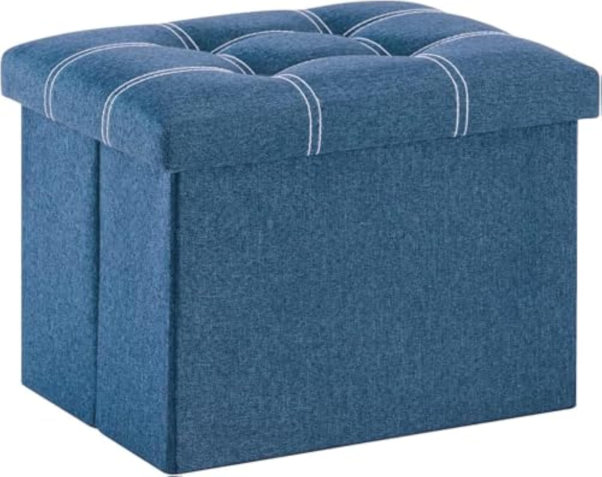 Linen Tufted Folding Storage Ottoman with Lid, Padded Seat