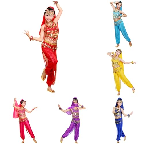 Generico 2025 Costume da Ballerina del Ventre, Costum Pantaloni Danza Bambina Vestito da Danza del Ventre per Bambina con Paillettes Abito Ballo Arabo Principessa Maniche Corta