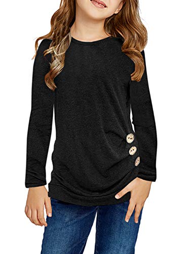 Image of Girls Casual Long Sleeve Color Block Pullover Top Stripe Button Crewneck Loose Tunic T-Shirts Blouse Size 4-13 Year