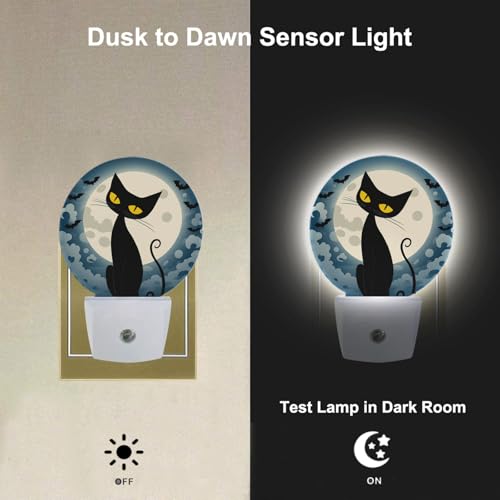 Image of Plug in Fantasy Funny Cat Night Light Full Moon Bats Black Cat Fun Animal Plug-in Nightlight Auto On /Off Dusk to Dawn for Bedroom Bathroom Staircase Home Decor, LEDLAMP3013