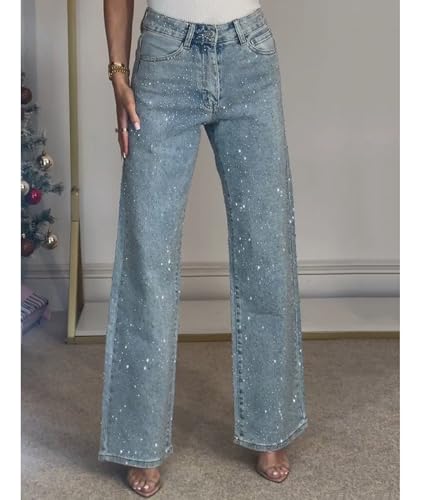 Sexyshine Women's Diamond Rhinestone Jeans High Waist Straight Wide Leg Stretchy Bling Denim Pants4