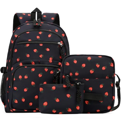 Image of Coquette Strawberry Backpack - Cute Kawaii Backpack Set Aesthetic Daypack Cute Rucksack (B02 Strawberry Black)