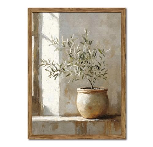 Framed Vintage Olive Tree Wall Art, 3D Textured Sandstone Botanical Pictures Wall Decor, Rustic Neutral Potted Plant Paintings Prints Aesthetic Farmhouse Home Decor for Living Room Bedroom 12x16 inch