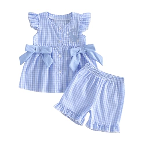 Listado de Ropa de Caza para Niña Top 10. 46 Sasaerucure - Conjunto de playera de manga corta para bebé y niña, diseño de conejo, zanahorias, playera de manga corta y pantalones cortos, ropa de verano, Azul, 3 Años/4...