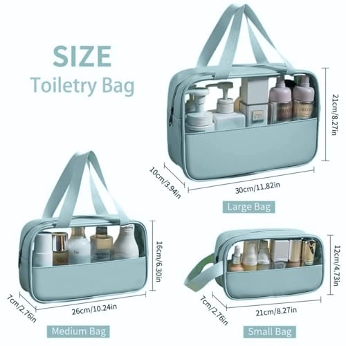 Image of KBS Toiletry Kit Cosmetic Makeup Storage Organizer Clear Styilish Wash Bag Pouch Set of 3 for Travel Luggage Transparent with Metal Zipper Gift for Men Women Girls (Blue)