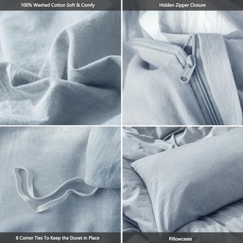 MooMee Bedding Duvet Cover Set 100% Washed Cotton Linen Like Textured Breathable Durable Soft Comfy (Cornflower Blue, King)