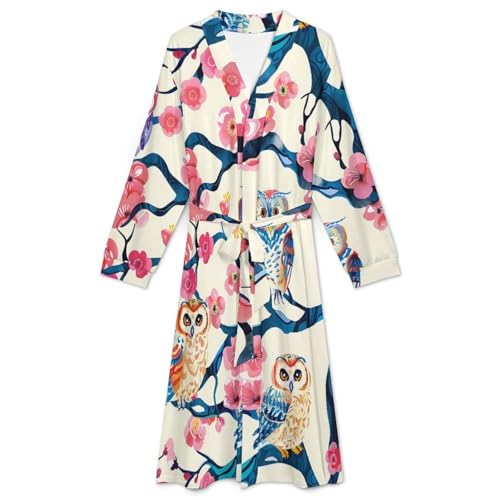 Colorful Owl Cherry Soft Robe Long Sleeve Bathrobes V Neck Sleepwear Spa Robes with Belt Men Woman3