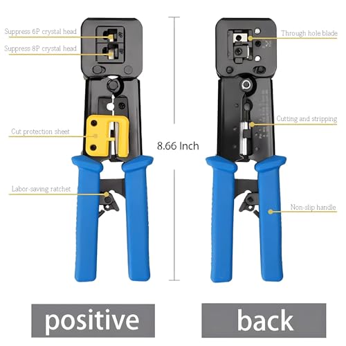 Image of COOLCOLD RJ45 Crimping Tool Kit - Heavy Duty Pass Through Crimper for Cat5, Cat5e, Cat6 Cables - Multifunctional Wire Cutter, Stripper, and Network Cable Tool for Ethernet Connector Installation